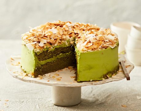Matcha Double Layer Cake with Toasted Coconut Slivers